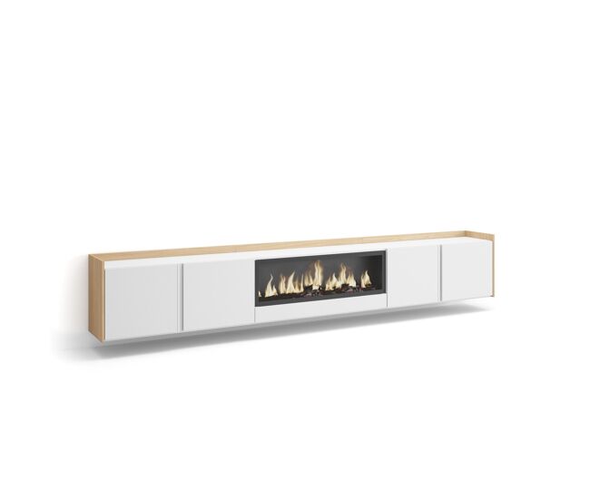 Móvel de tv, muito espaço de arrumação, 315x35x50cm, para televisores até 80", lareira eléctrica xxl, suspensos, estilo moderno, branco e carvalho
