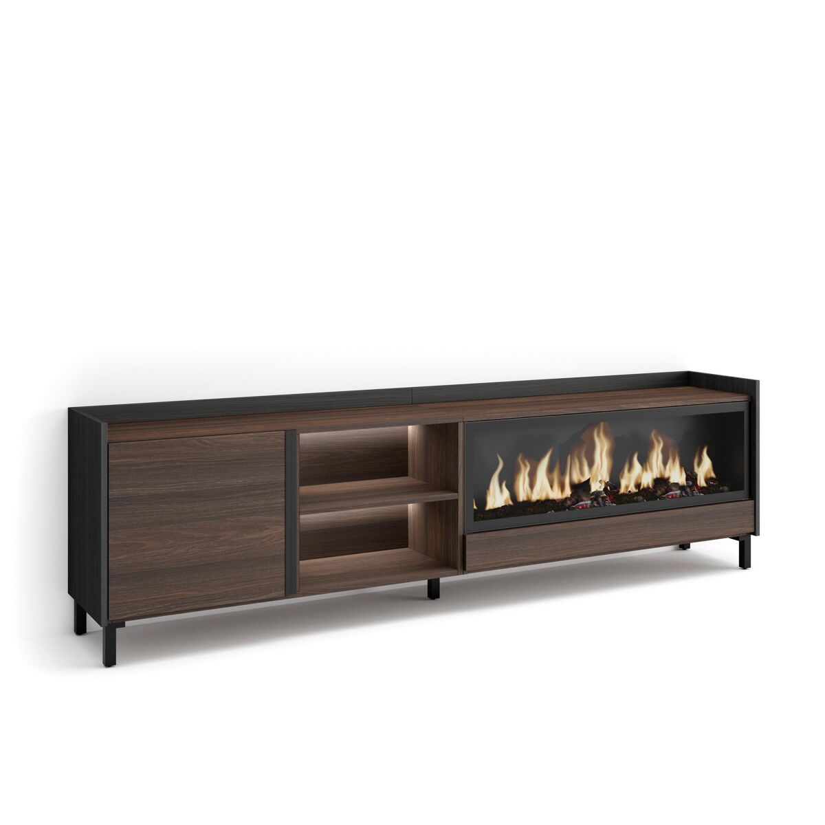 Móvel de tv, muito espaço de arrumação, 212x35x61cm, para televisores até 80", lareira eléctrica xxl, design industrial, led, estilo moderno, carvalho