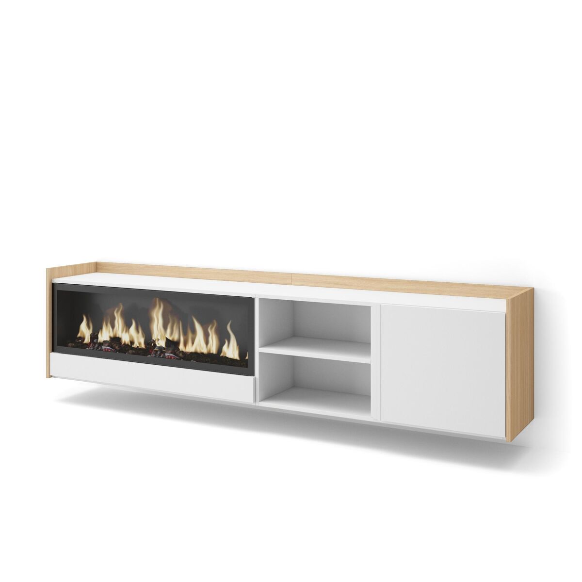 Móvel de tv, muito espaço de arrumação, 212x35x50cm, para televisores até 80", lareira eléctrica xxl, suspensos, estilo moderno, branco e carvalho