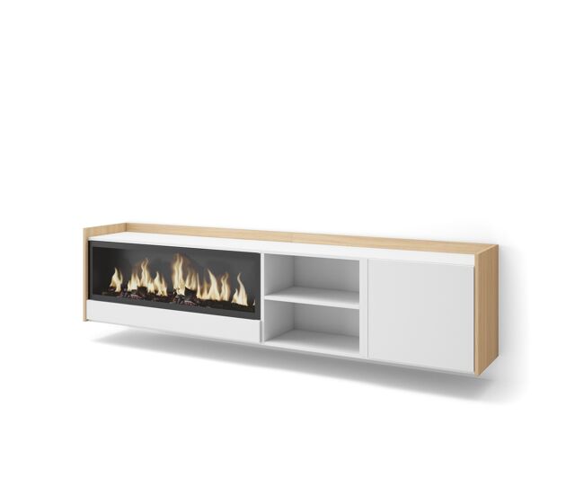 Móvel de tv, muito espaço de arrumação, 212x35x50cm, para televisores até 80", lareira eléctrica xxl, suspensos, estilo moderno, branco e carvalho