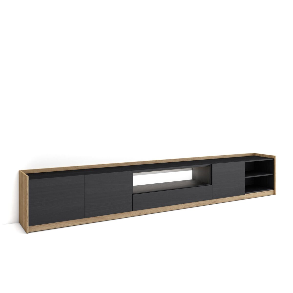 Móvel de tv, muito espaço de arrumação, 310x37x50cm, para televisores até 80", led, estilo moderno, preto e carvalho