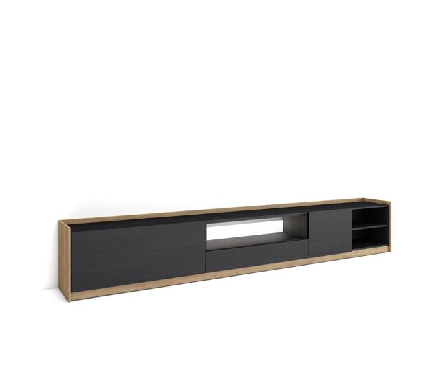 Móvel de tv, muito espaço de arrumação, 310x37x50cm, para televisores até 80", led, estilo moderno, preto e carvalho