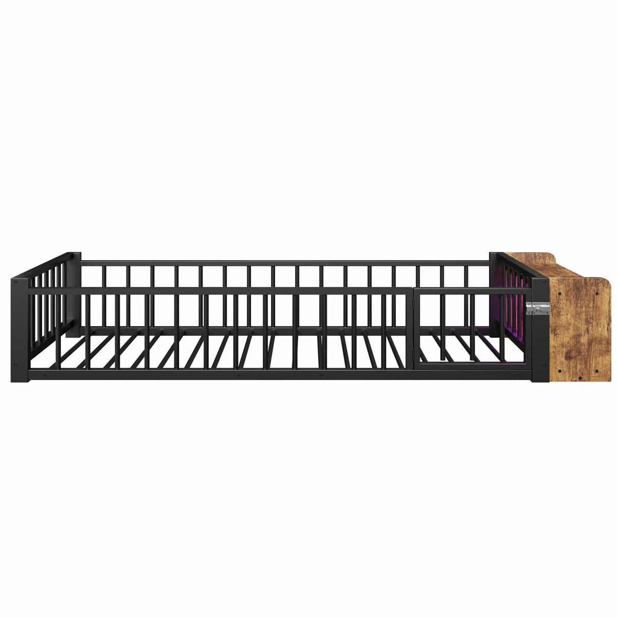 Cama baixa, 90 x 200 cm - estrutura metálica, com grades laterais, sem colchão, com compartimentos e luzes led - preto