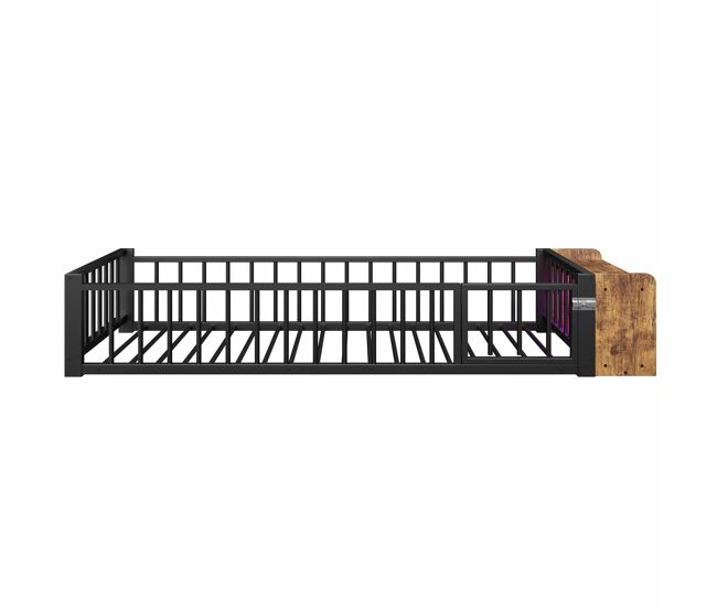 Cama baixa, 90 x 200 cm - estrutura metálica, com grades laterais, sem colchão, com compartimentos e luzes led - preto