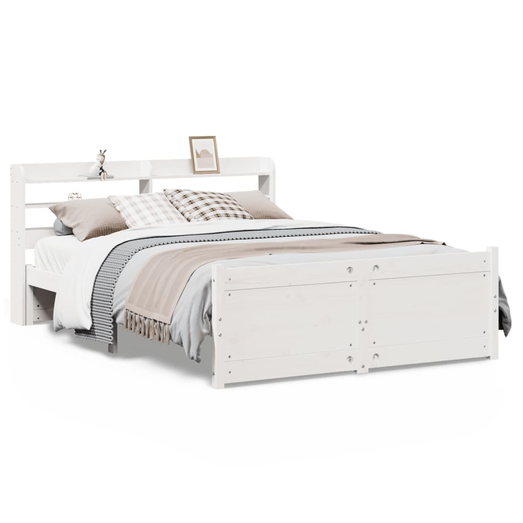 Estrutura de cama de casal c/ cabeceira - 150x200 cm pinho maciço branco