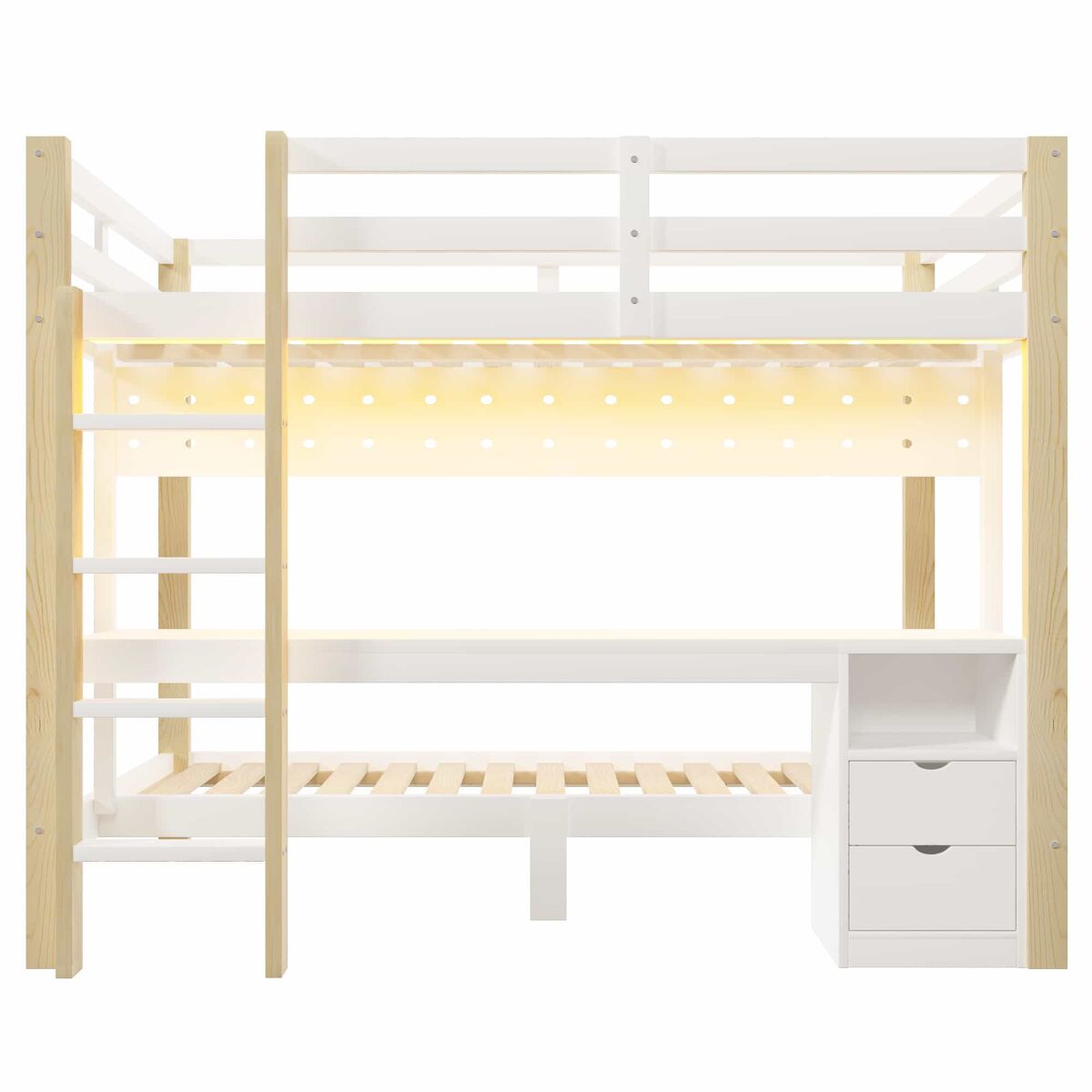 Cama alta 90x200 cm e 140x200 cm - com gavetas e secretária, com sistema de suspensão de painel perfurado, inclui fita led - branco + natural