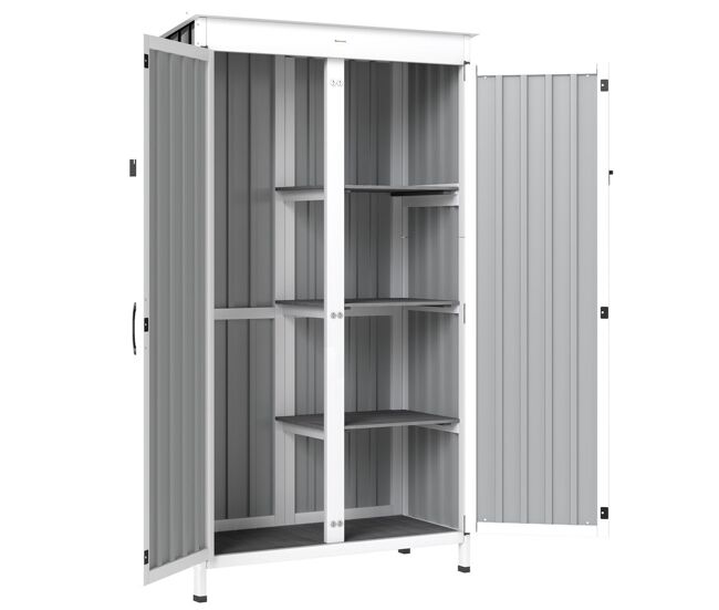 Outsunny abrigo de jardim em madeira e aço 94x43x166 cm cabana exterior com 2 portas, prateleiras ajustáveis, telhado impermeável para terraço,