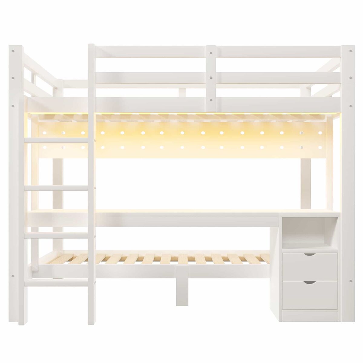 Cama alta 90x200 cm e 140x200 cm - madeira de pinho, com gavetas e secretária, equipada com sistema de suspensão com painéis perfurados, inclui led -