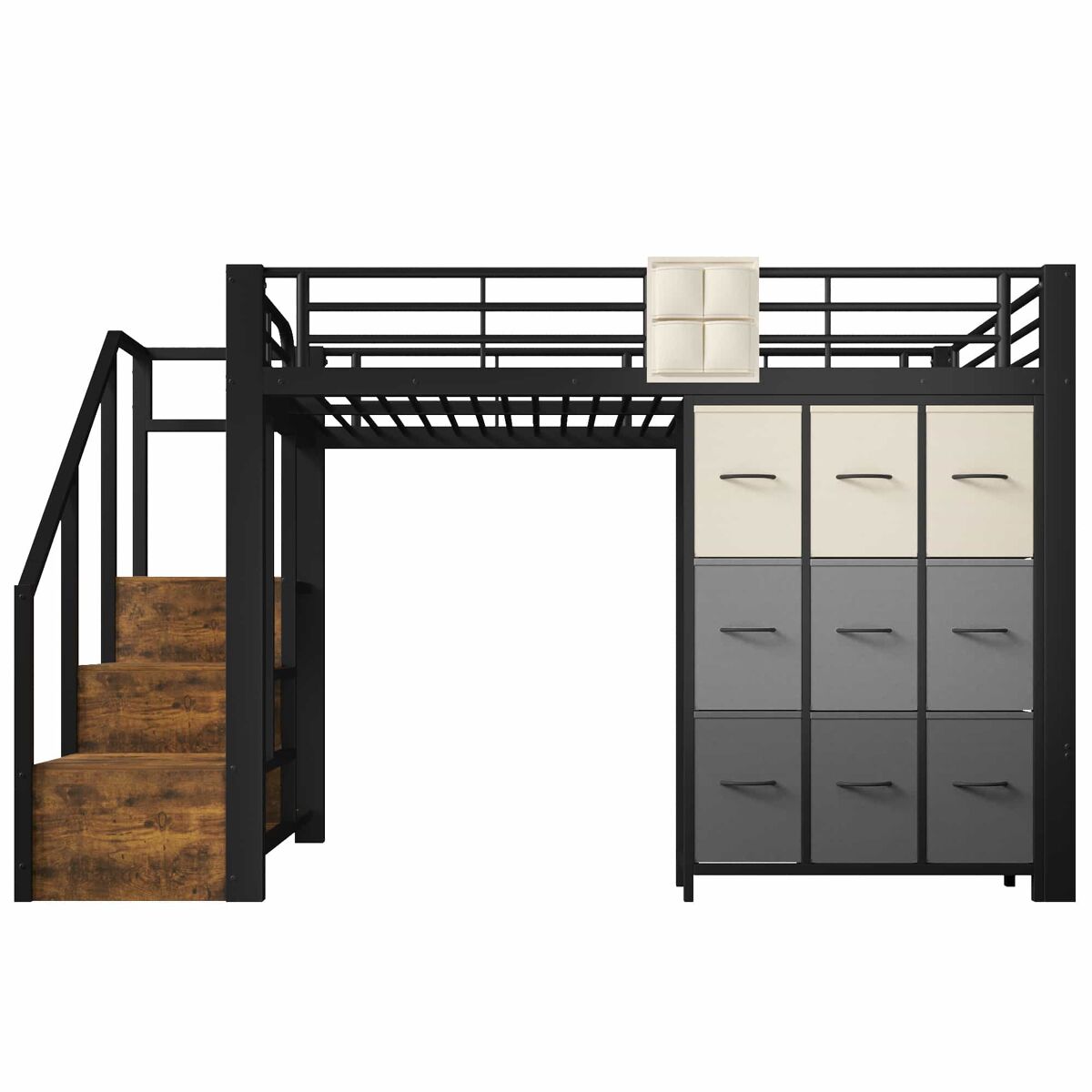 Beliche alto 140 x 200 cm - com gavetas, barra para roupa, grade de proteção, escada com espaço de arrumação, sem colchão - preto
