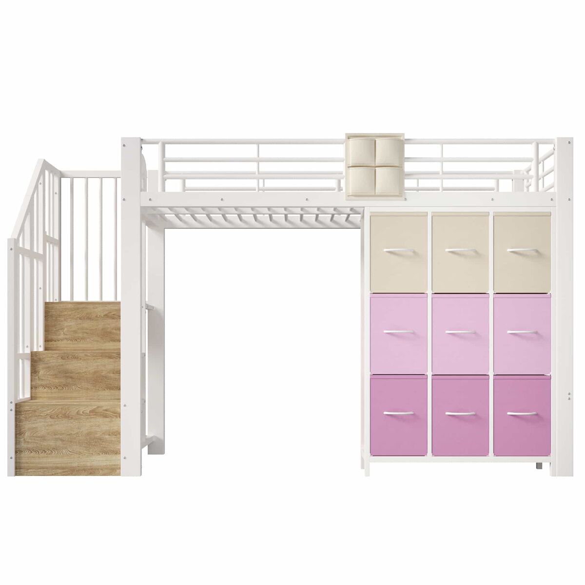 Beliche alto 90 x 200 cm - com gavetas, barra para roupa, grade de proteção, escada com espaço de arrumação, sem colchão - branco