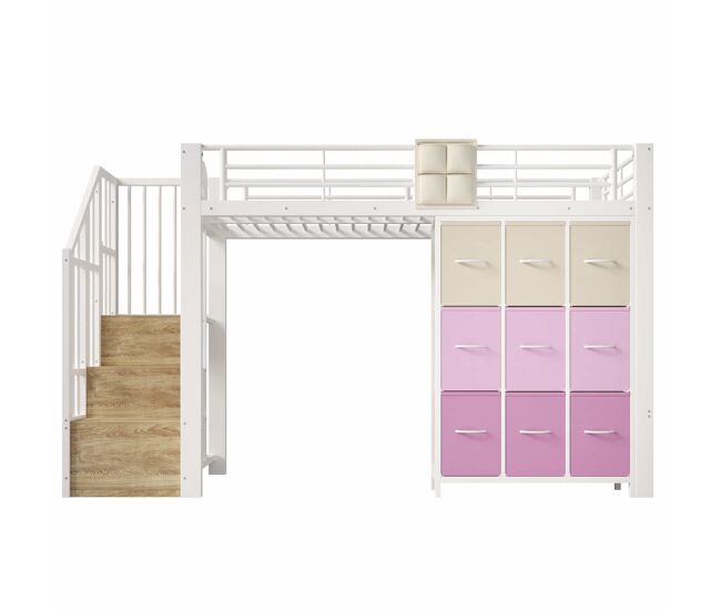 Beliche alto 90 x 200 cm - com gavetas, barra para roupa, grade de proteção, escada com espaço de arrumação, sem colchão - branco