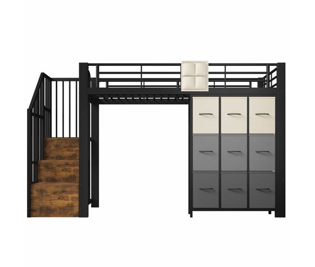 Beliche alto 90x200 cm - com gavetas, barra para roupa, grade de proteção, escada com espaço de arrumação - preto