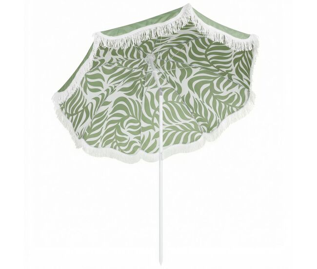 Outsunny chapéu de sol de praia com franjas ø180 cm chapéu de sol de terraço exterior com altura ajustável inclinação ancoragem na areia e bolsa de