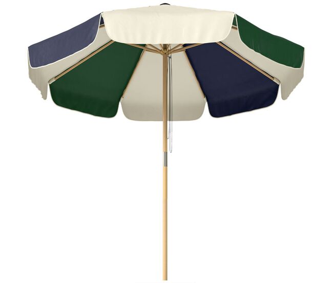 Outsunny chapéu de sol para exterior ø2,3 m estrutura com efeito madeira polia com corda toldo bicolor upf30+ chapéu de sol para praia jardim terraço