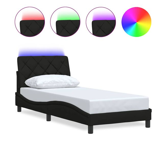 Estrutura de cama de solteiro para adultos com led 80x200 cm tecido preto