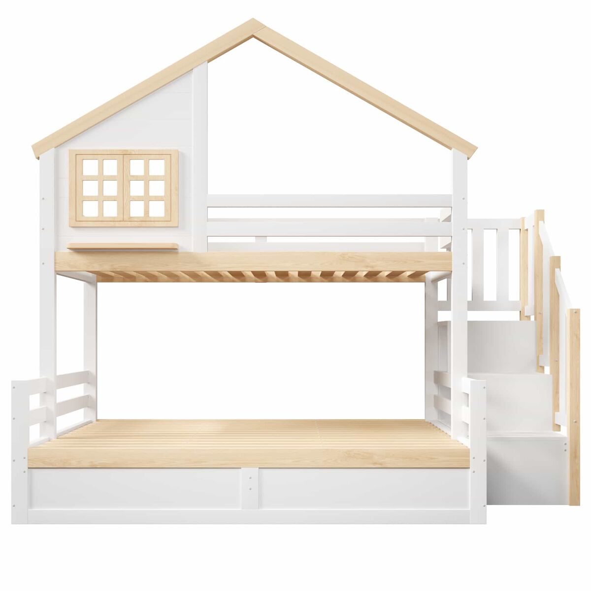Cama alta 90x200 cm e 140x200 cm - sistema hidráulico, com grade de proteção, escada com espaço de arrumação, decoração de janela e casinha - branco +