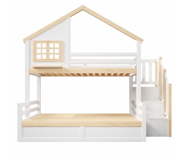Cama alta 90x200 cm e 140x200 cm - sistema hidráulico, com grade de proteção, escada com espaço de arrumação, decoração de janela e casinha - branco +