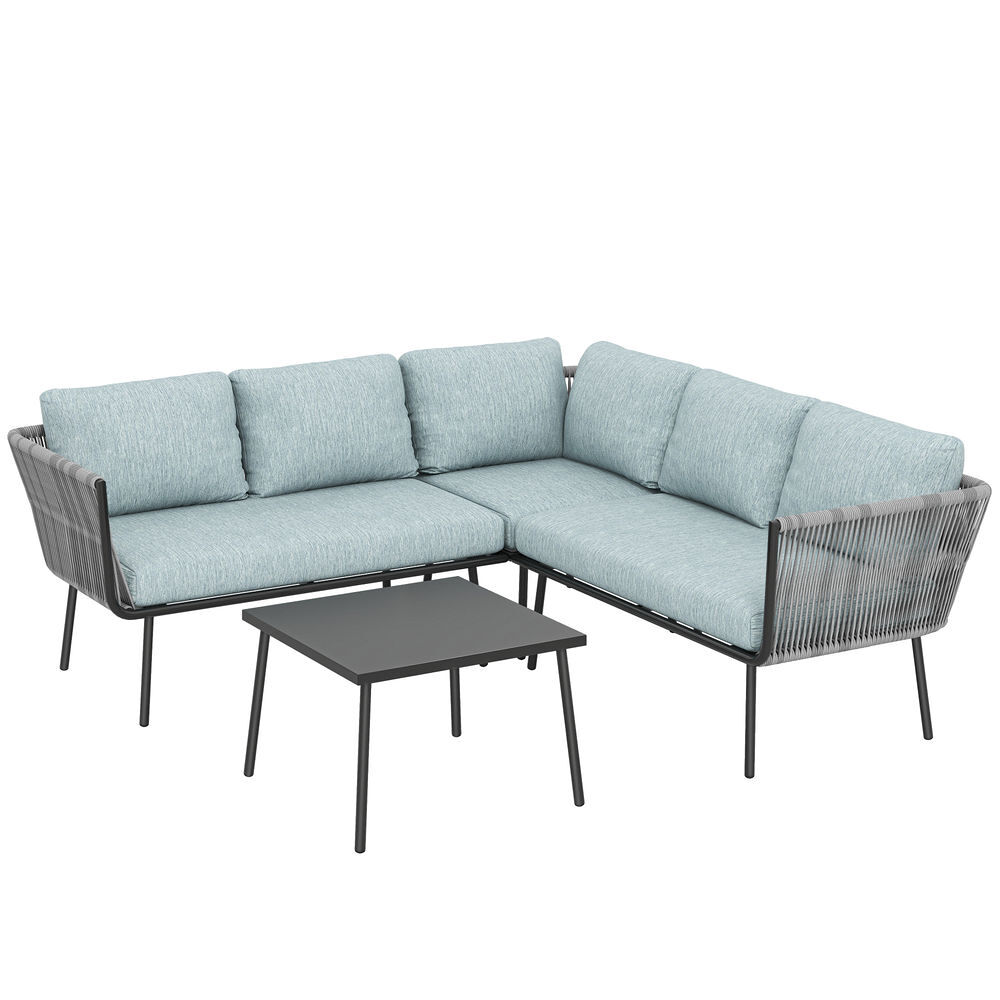 Outsunny conjunto de móveis de jardim em ratã 4 peças com estrutura de alumínio 2 sofás duplos sofá de canto mesa de centro com 6 almofadas acolchoadas para exterior terraço azul claro