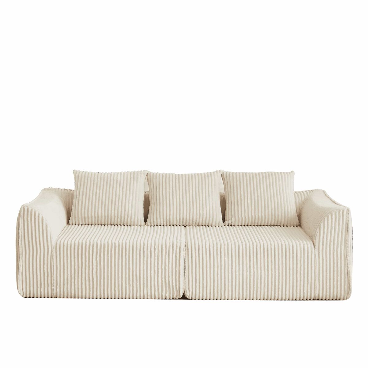 Sofá minimalista de 3 lugares - linhas suaves, encosto inclinado e 2 almofadas - bege