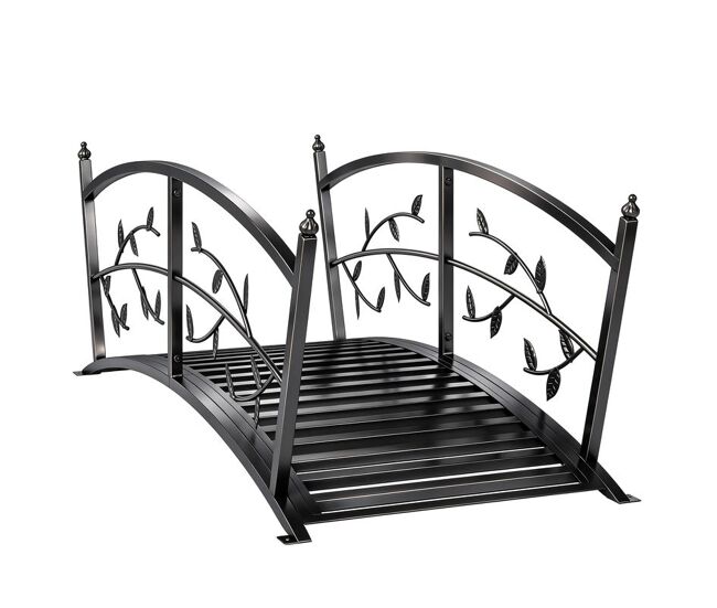 Outsunny ponte de jardim metálica, 1,2 m, ponte decorativa para lagos com corrimãos de segurança e design de folhas, suporta até 100 kg, estrutura