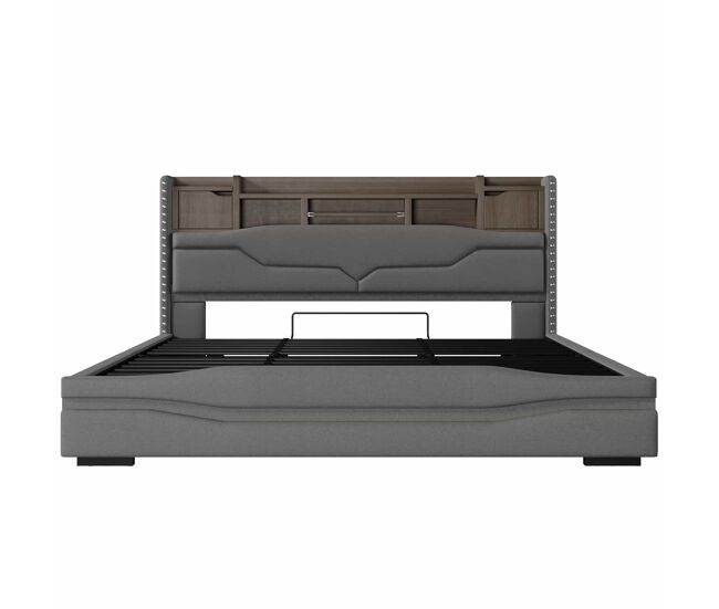 Cama com arrumação hidráulica 180x200 cm - com porta usb, faixa de luz ambiente, cabeceira com compartimento de arrumação, sem colchão, com luzes led