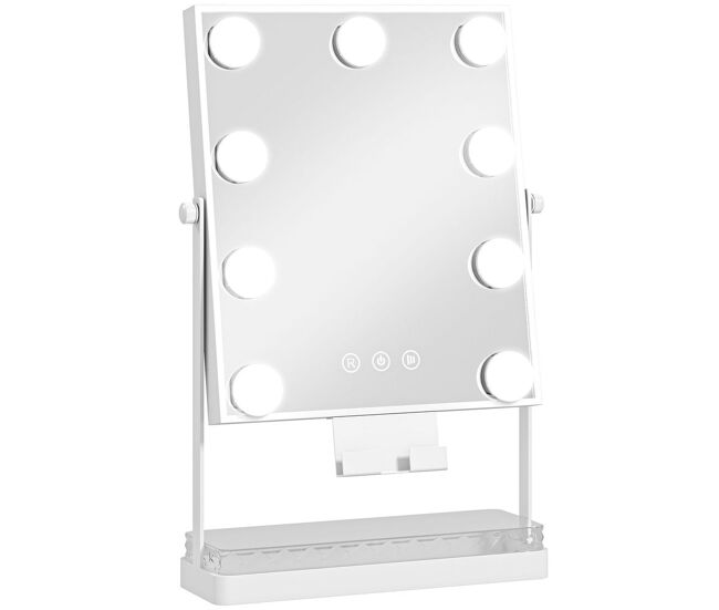 Homcom espelho de maquilhagem com luz espelho de tocador giratório com 9 lâmpadas led 3 cores interruptor tátil suporte para telemóvel e bandeja