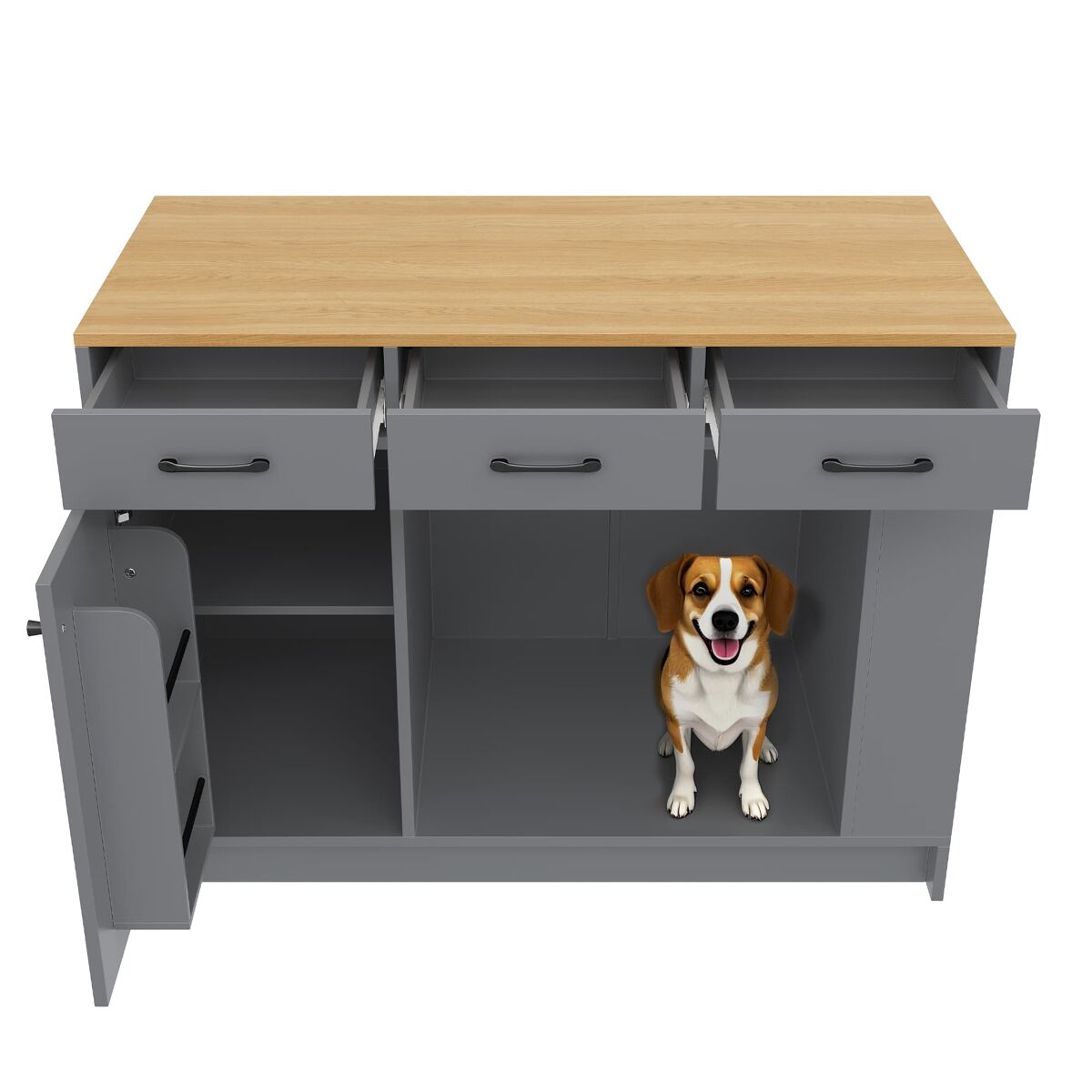 Ilha de cozinha 120x60x90 cm - 3 gavetas, étagère ajustável, área para animais de estimação - gris