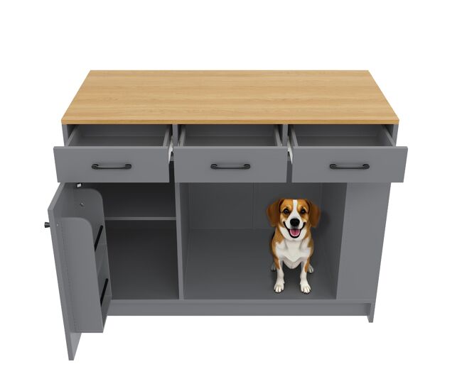 Ilha de cozinha 120x60x90 cm - 3 gavetas, étagère ajustável, área para animais de estimação - gris