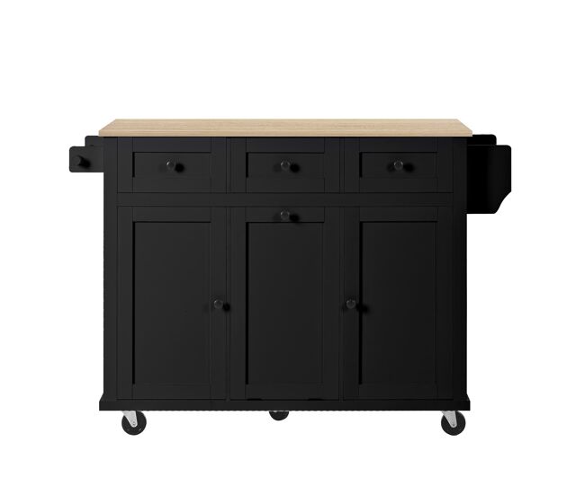 Ilha de cozinha móvel 131 cm - extensível com rodas, gavetas e caixote do lixo - preto