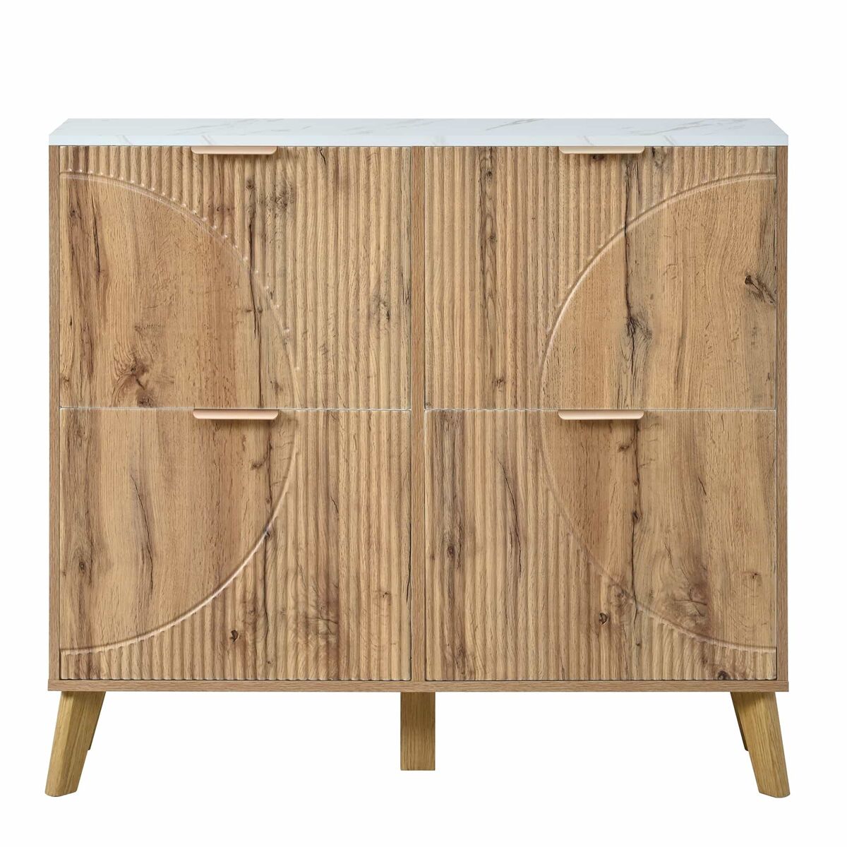 Armário com portas de batente - grande capacidade, 4 portas, bancada com efeito de mármore, painéis 3d, pés em madeira maciça - natural