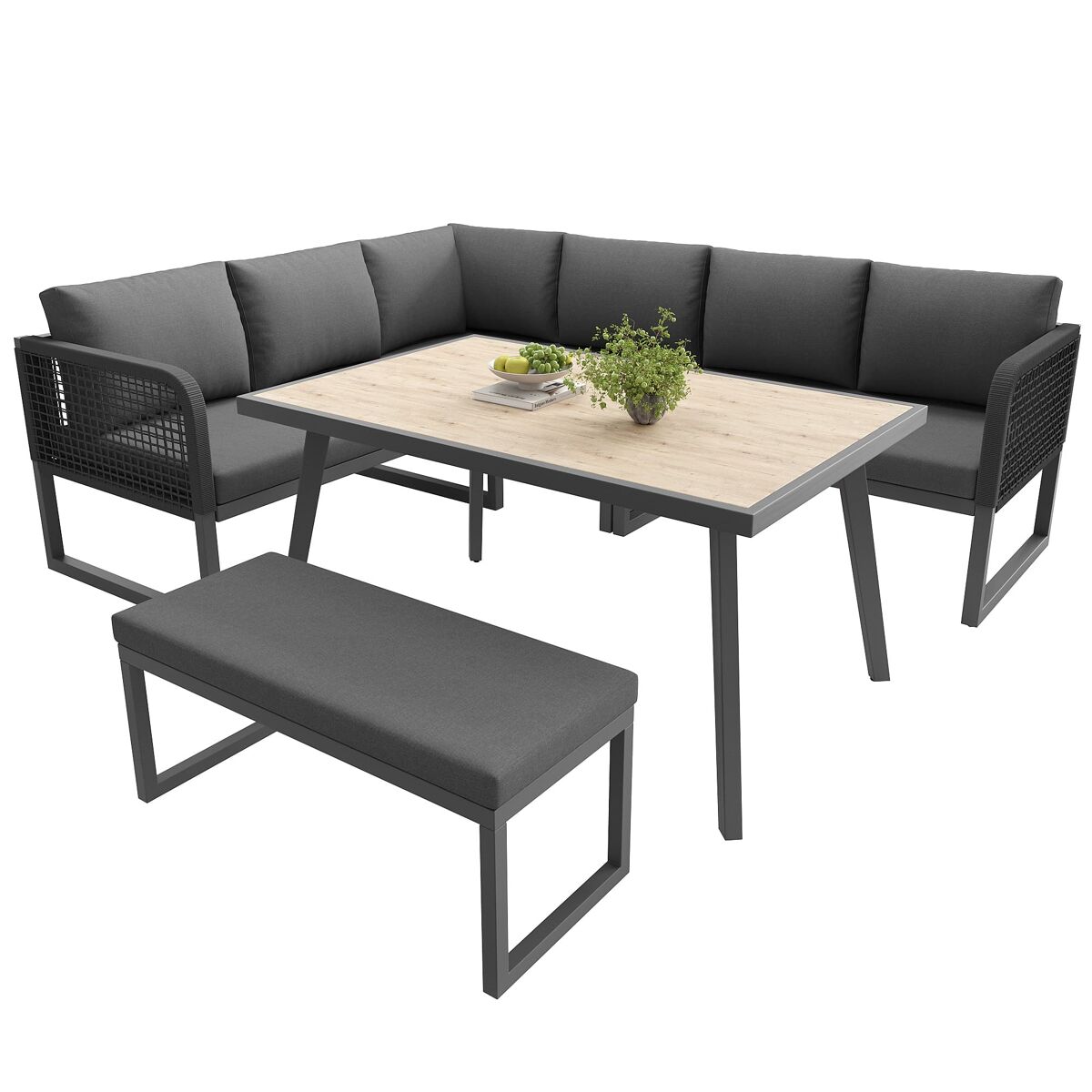 Conjunto de mobiliário de jardim para 6-8 pessoas - rattan pe trançado, almofadas incluídas, resistente - cinza