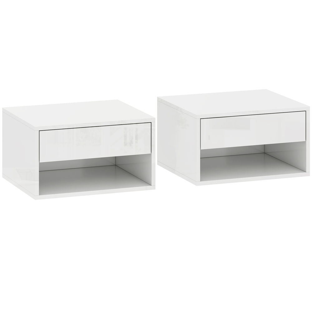 Homcom conjunto de mesas de cabeceira suspensas mesas com gaveta e étagère aberta design moderno 37x32x21 cm blanc brilhante