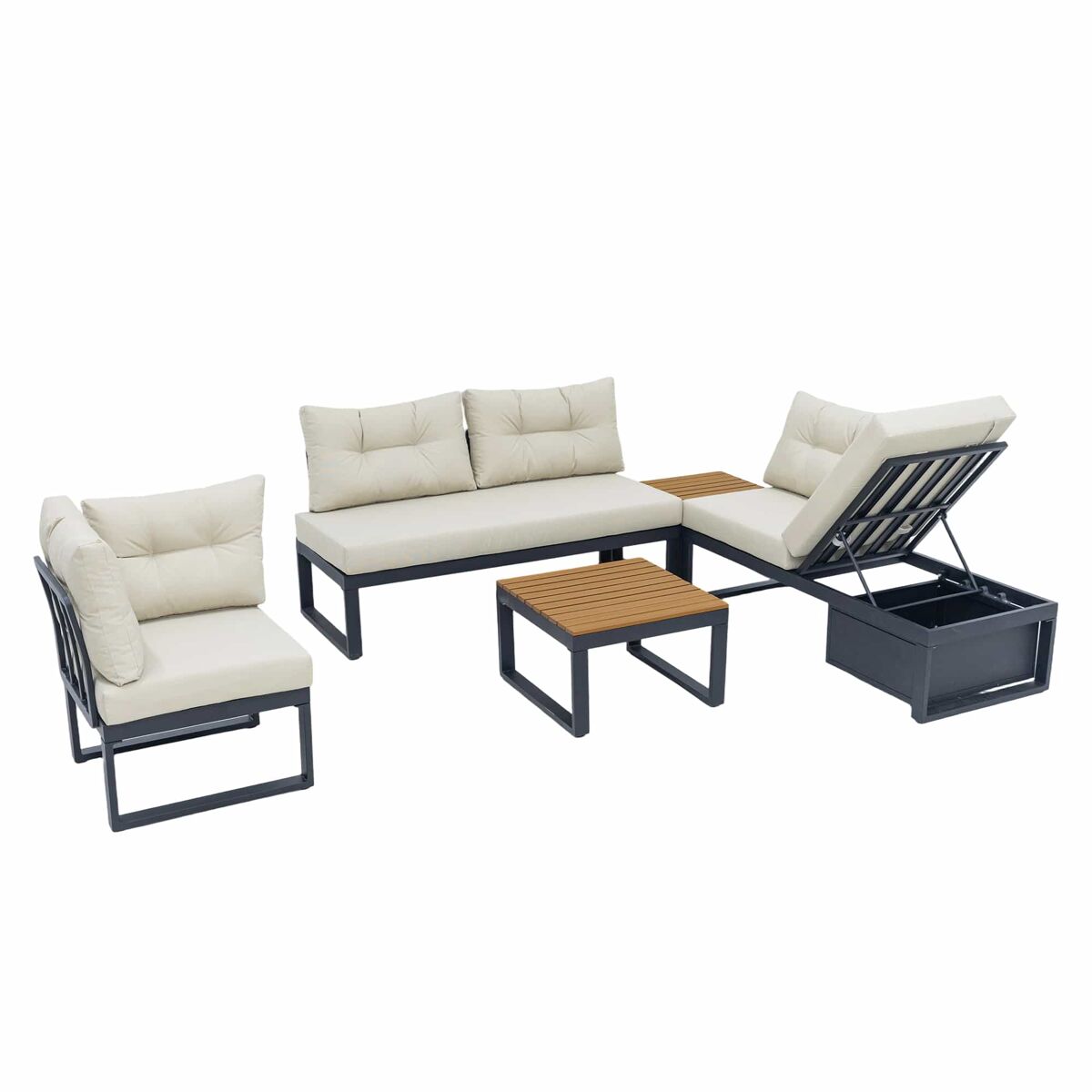 Conjunto de móveis de jardim para 3 pessoas - reclinável em 3 posições, almofadas grossas, arrumação, poliéster resistente à água - bege