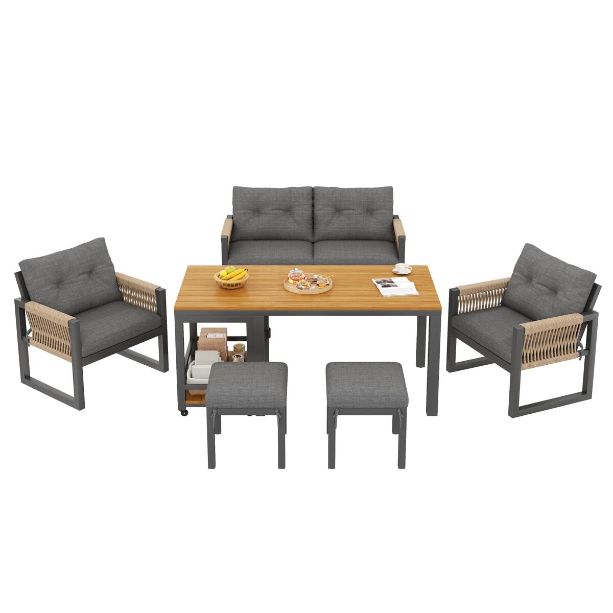 Conjunto de sofás de jardim com vários lugares - estrutura em ferro, braços trançados, almofadas, mesa - cinzento/natural