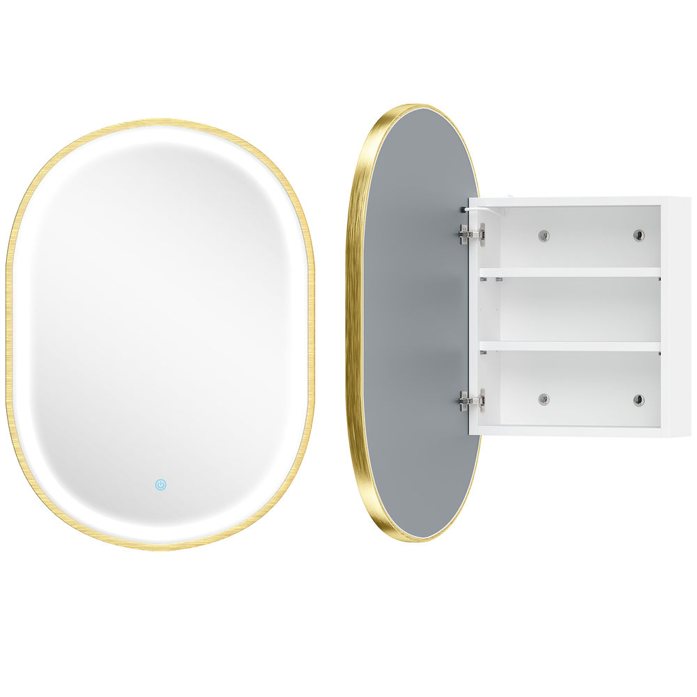 Homcom armário de casa de banho com espelho e luzes led de 3 cores, armário de parede oval com memória e função antivapor, brilho ajustável, controlo tátil, prateleiras ajustáveis, dourado