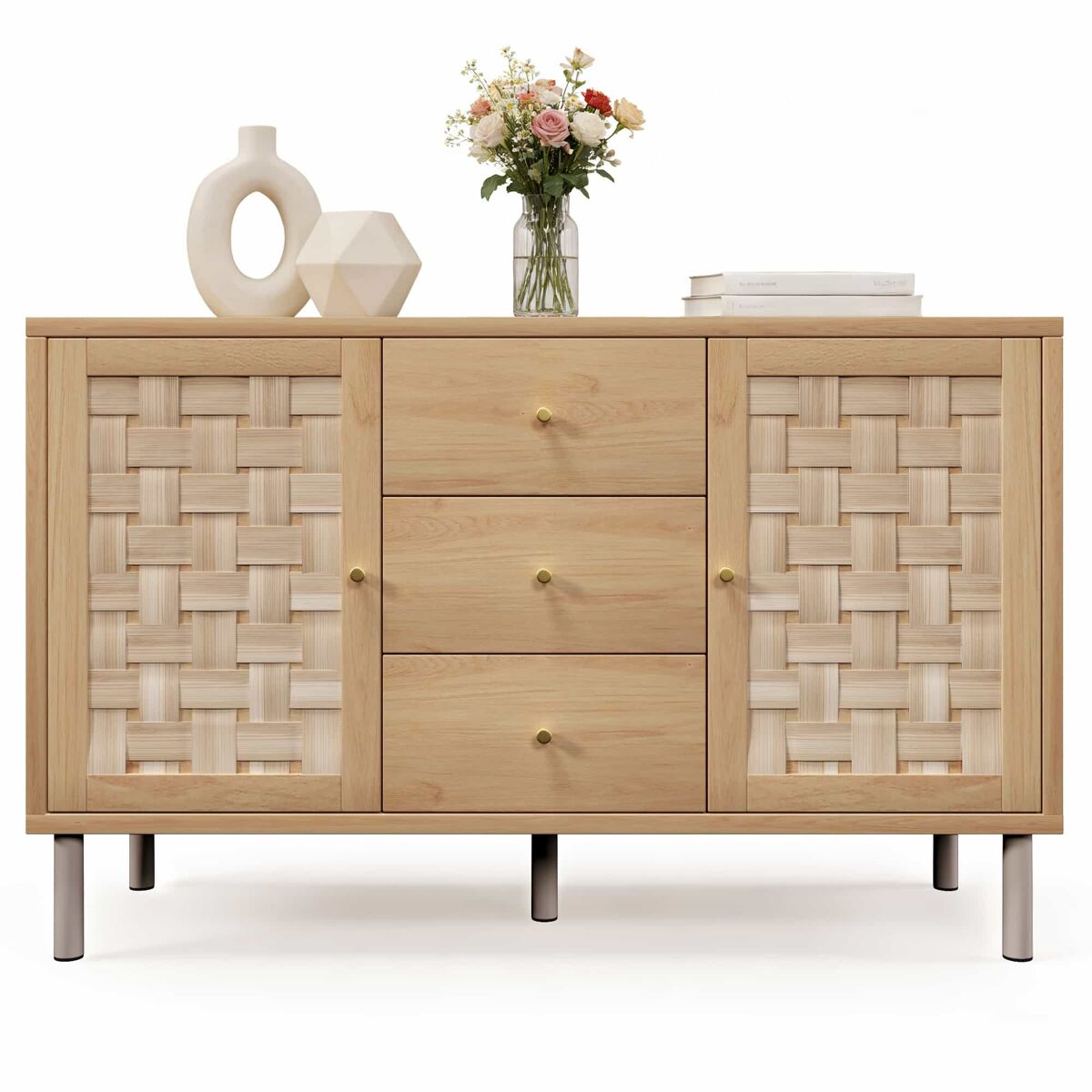 Aparador 120 x 40 x 75 cm - 2 portas, 3 gavetas, prateleiras ajustáveis, pés metálicos, antiderrapante, para sala de estar, corredor, cozinha -
