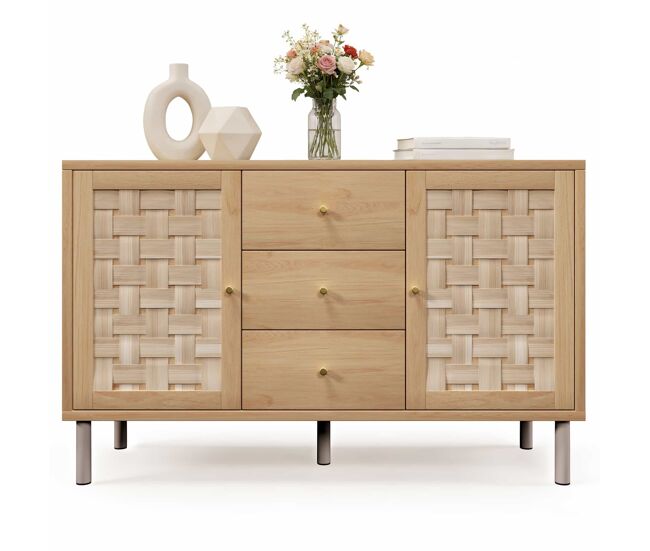 Aparador 120 x 40 x 75 cm - 2 portas, 3 gavetas, prateleiras ajustáveis, pés metálicos, antiderrapante, para sala de estar, corredor, cozinha -