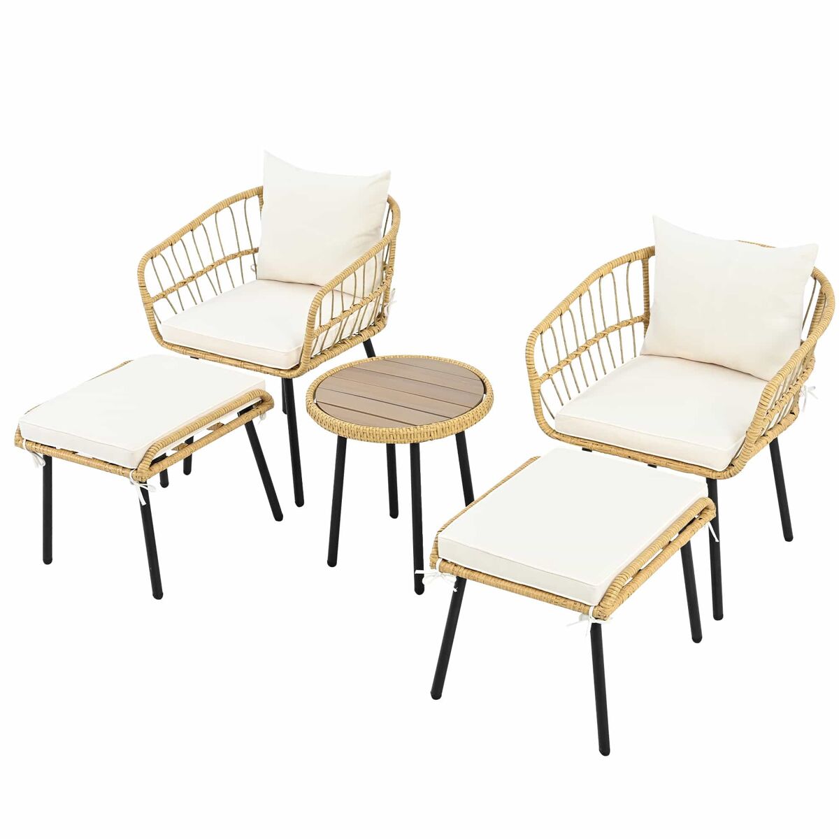 Ensemble de jardin 5 pièces - 1 table, 2 chaises, 2 bancs, rotin - blanc + naturel