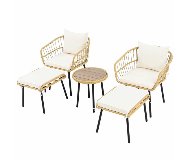 Ensemble de jardin 5 pièces - 1 table, 2 chaises, 2 bancs, rotin - blanc + naturel