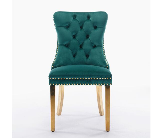 Chaise de salle à manger 2 unités - rembourrée en velours, pieds en acier doré, capitonné - vert