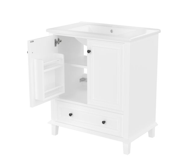 Móvel de casa de banho com pés 76x46x87 cm - com lavatório cerâmico, grande espaço de arrumação, pés de madeira - branco