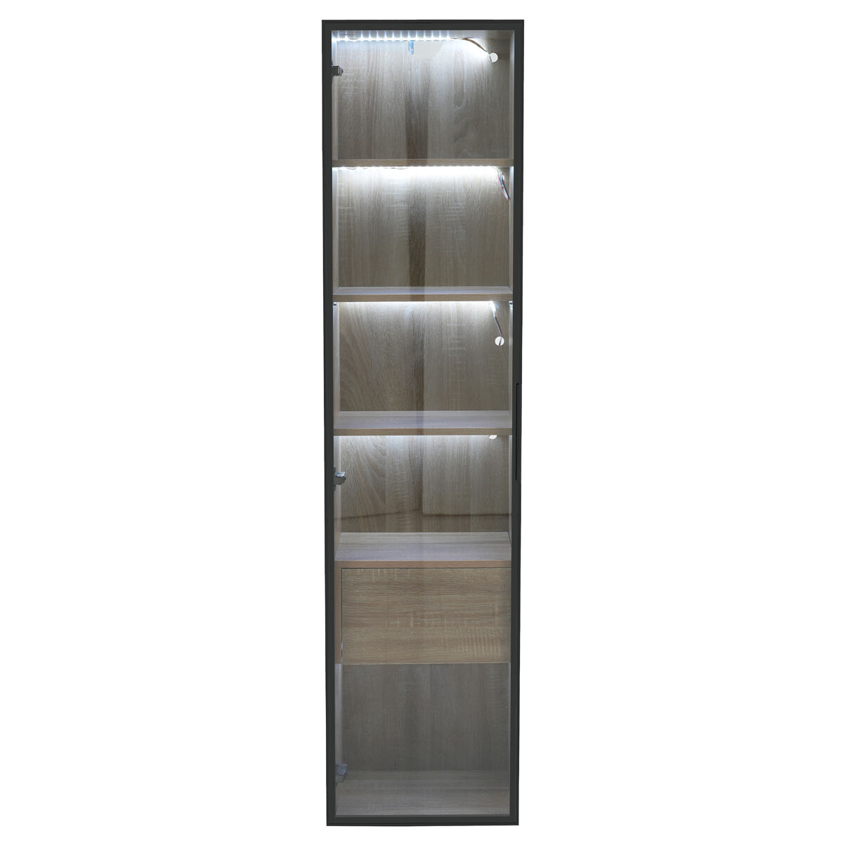 Armário de casa de banho 40 cm - com luz, 1 gaveta grande, 1 porta, vidro - natural