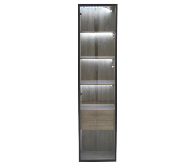 Armário de casa de banho 40 cm - com luz, 1 gaveta grande, 1 porta, vidro - natural