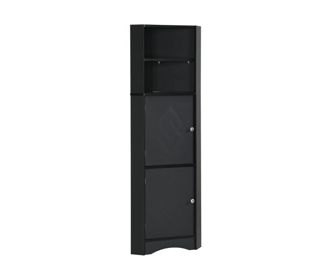 Armário de casa de banho de canto 36,5 x 36,5 x 155 cm - 2 prateleiras, compartimento aberto, ajustável - preto