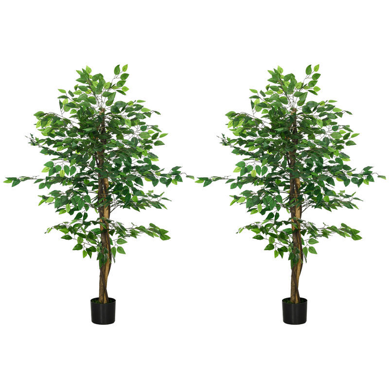 Homcom conjunto de 2 ficus artificiais com troncos naturais 150 cm plantas artificiais com vaso e 882 folhas árvores artificiais decoração para casa