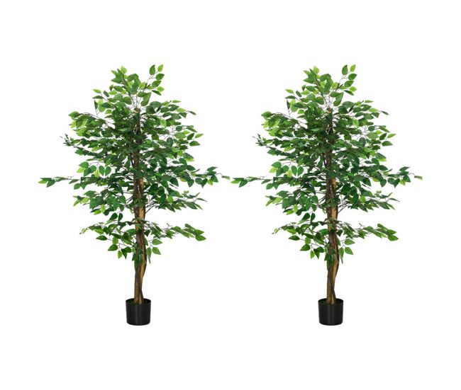 Homcom conjunto de 2 ficus artificiais com troncos naturais 150 cm plantas artificiais com vaso e 882 folhas árvores artificiais decoração para casa