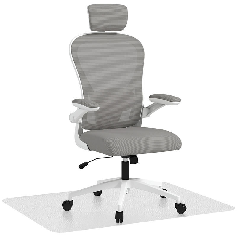 Homcom conjunto de escritório inclui 1 cadeira de escritório com altura ajustável apoio de cabeça e suporte lombar ajustáveis gris e 1 tapete protetor 90x120 cm transparente