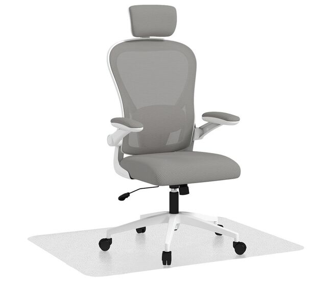 Homcom conjunto de escritório inclui 1 cadeira de escritório com altura ajustável apoio de cabeça e suporte lombar ajustáveis gris e 1 tapete protetor 90x120 cm transparente