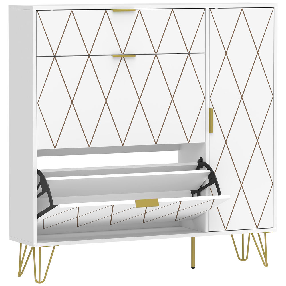 Homcom sapateira estreita com 2 compartimentos abatíveis móvel sapateira moderno com armário e étagères ajustáveis 10-14 pares de sapatos para corredor ou entrada 110x25x110,6 cm blanc