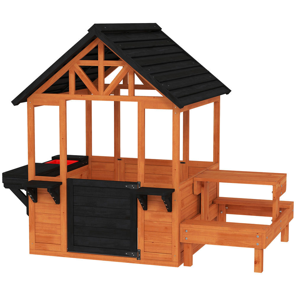 Aiyaplay casinha infantil de madeira para exterior e interior, com bar de snacks, mesa de picnic, bancos, lavatório, floreiras, janelas e cozinha de brinquedo para crianças dos 3 aos 8 anos, castanho claro